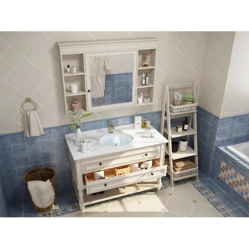 Combinazione di mobili da bagno americani, lavabo dal pavimento al soffitto in legno massello, lavabo con lastra di roccia, armadietto con specchio per piscina, lavabo per WC