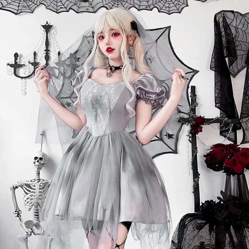 Halloween Ghost Bride Women Cosplay Costume Gothic Gray Sheer Dress with Veil Dark Soul Bride Halloween Party Masquerade Outfit