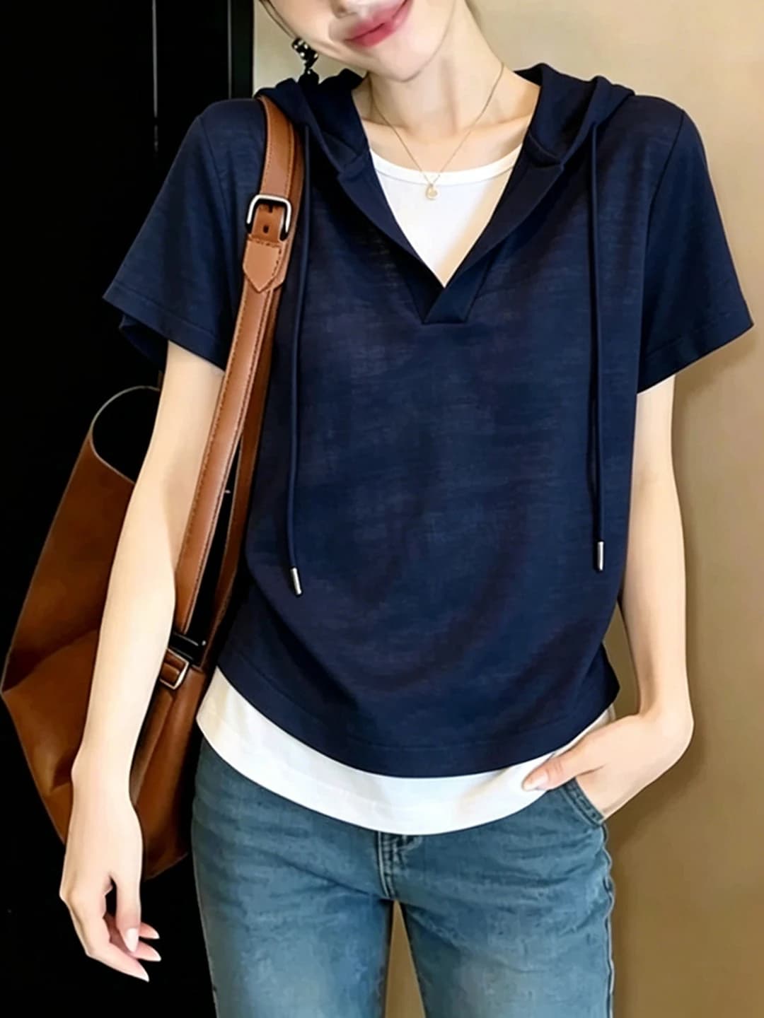 Elegant Casual Short Sleeve T-Shirt Women plus Size Summer Age-Defying Versatile Shoulder-Length Hoodie Commute Style Creativ...