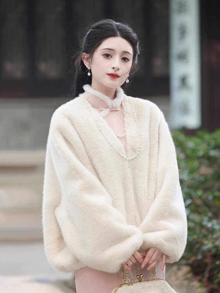 Ting Yue Ling New Chinese Style Young Fashionable Outerwear Coat Fur Jacket Autumn Winter Elegant Slant Collar Warm Short Skirt