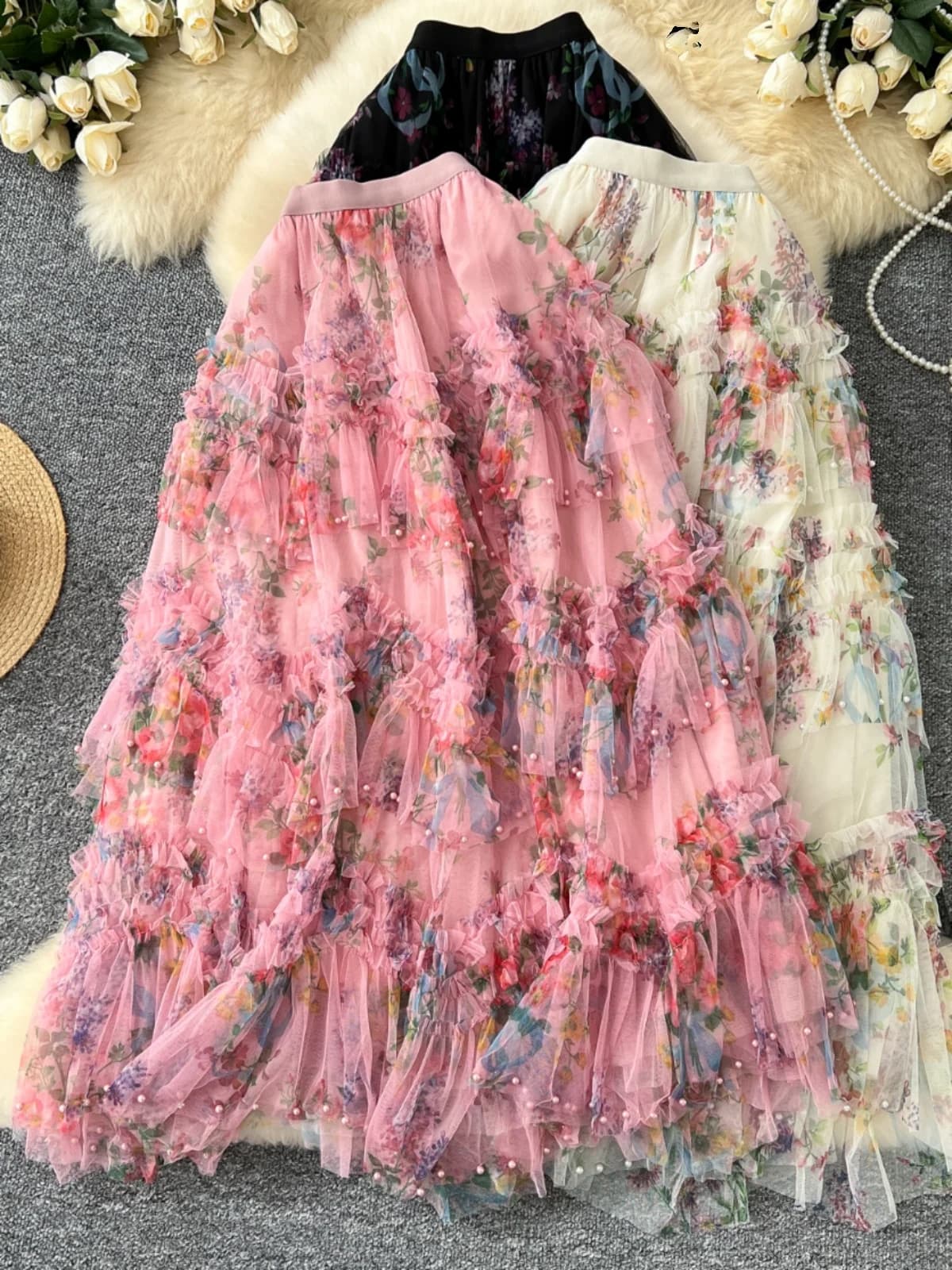 Fashionable Fairy Tale Multi-Layered A-Line Skirt Heavy Beading High Waist Slimming Commute Style Polyester Fiber