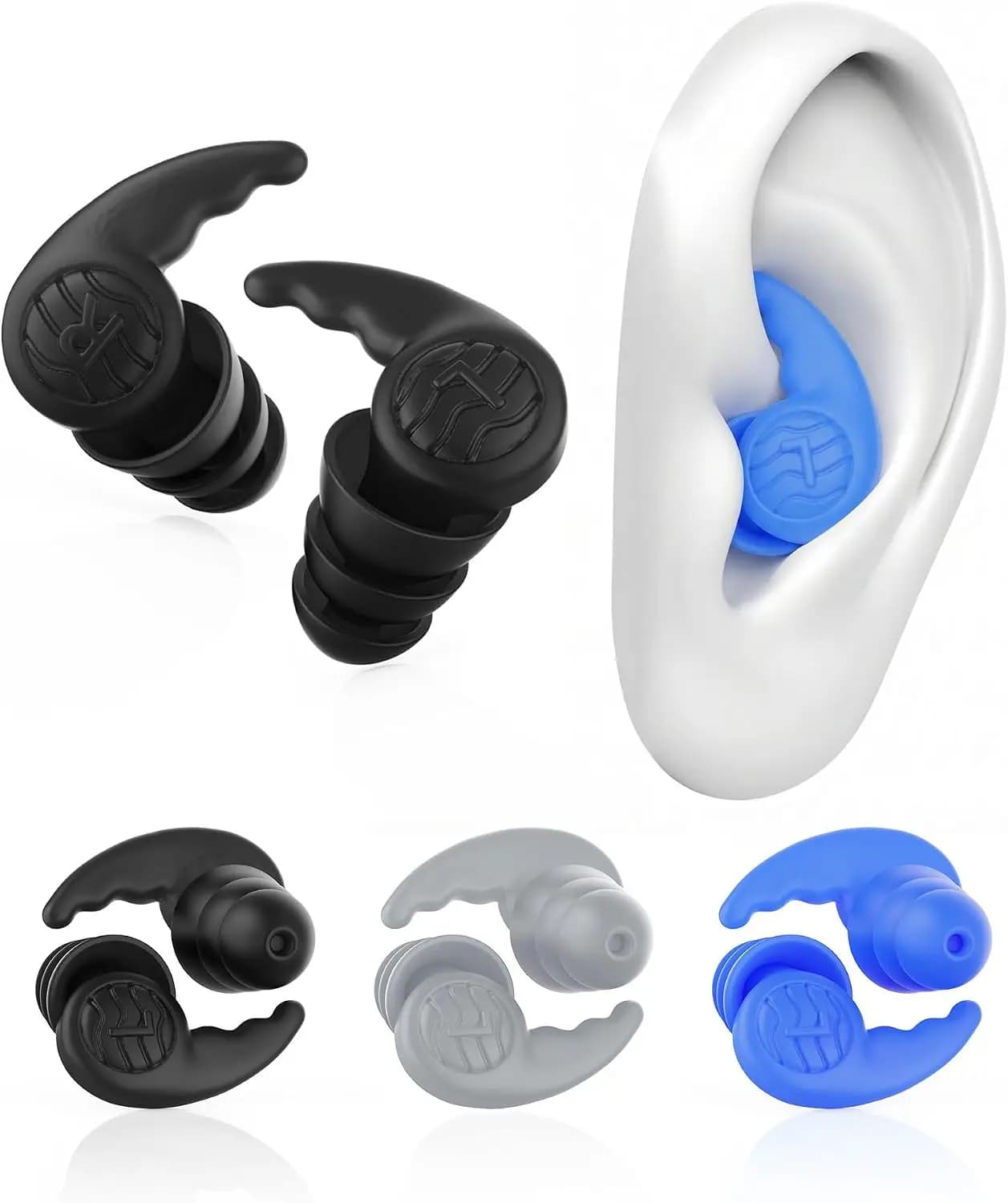 3 Pairs Swimming Earplugs Waterproof Silicone Ear Plugs with Anti-loss Cord, Noise Reduction Ear Protection for Swimming Surfing Diving Snorkeling Shower Kayaking, Reusable Comfortable Earplugs with Storage Case, Black Gray Blue