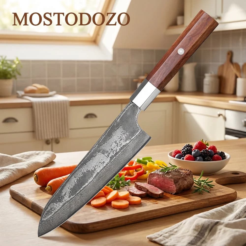 Coltello Santoku Giapponese MOSTODOZO 7" in Acciaio Damasco a 67 Strati, Coltello Professionale da Cucina per Affettare e Cucinare, Fatto a Mano