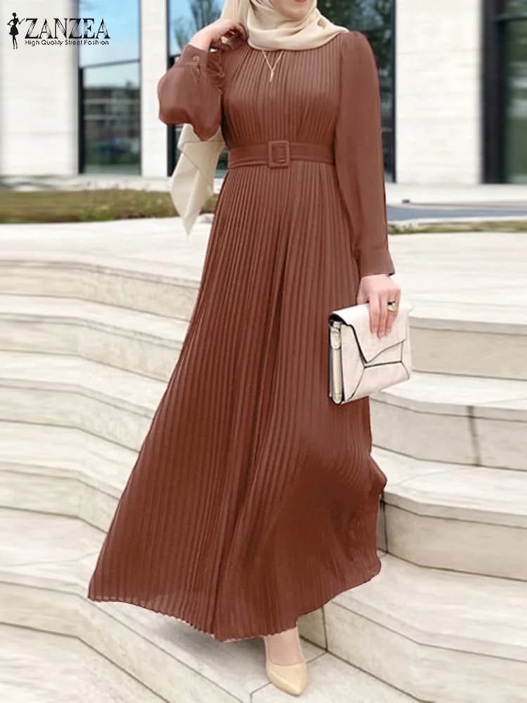 ZANZEA Fashion Long Sleeve Party Sundress Elegant Women Muslim Dress Abaya Solid Pleated Vestidos Belted Robe IsIamic Clothing