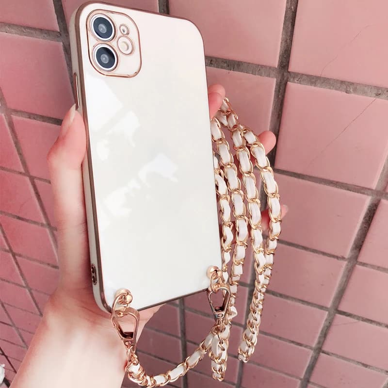Collana con cordino in pelle a tracolla Custodia per telefono con catena in metallo per iPhone 17 Air 15 16 14 13 11 12 Pro Max Mini 7 Plus 16E Cover