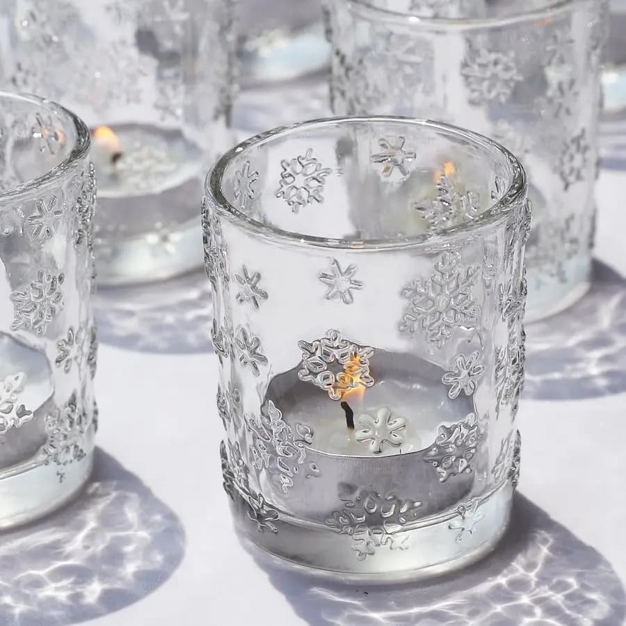 24 piece tealight candle holder with raised snowflake design, glass candle holder for winter holidays, transparent votive candle holder for Th