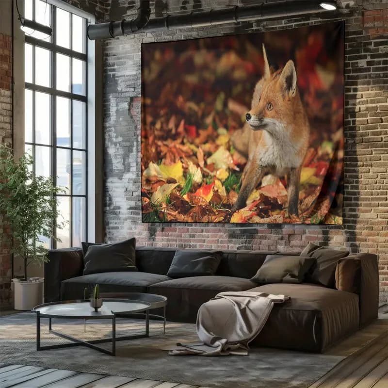 Red Fox in Autumn Leaves Forest Wildlife Art Wall Tapestry Machine Washable All Season Decor Print Home non-toxic material