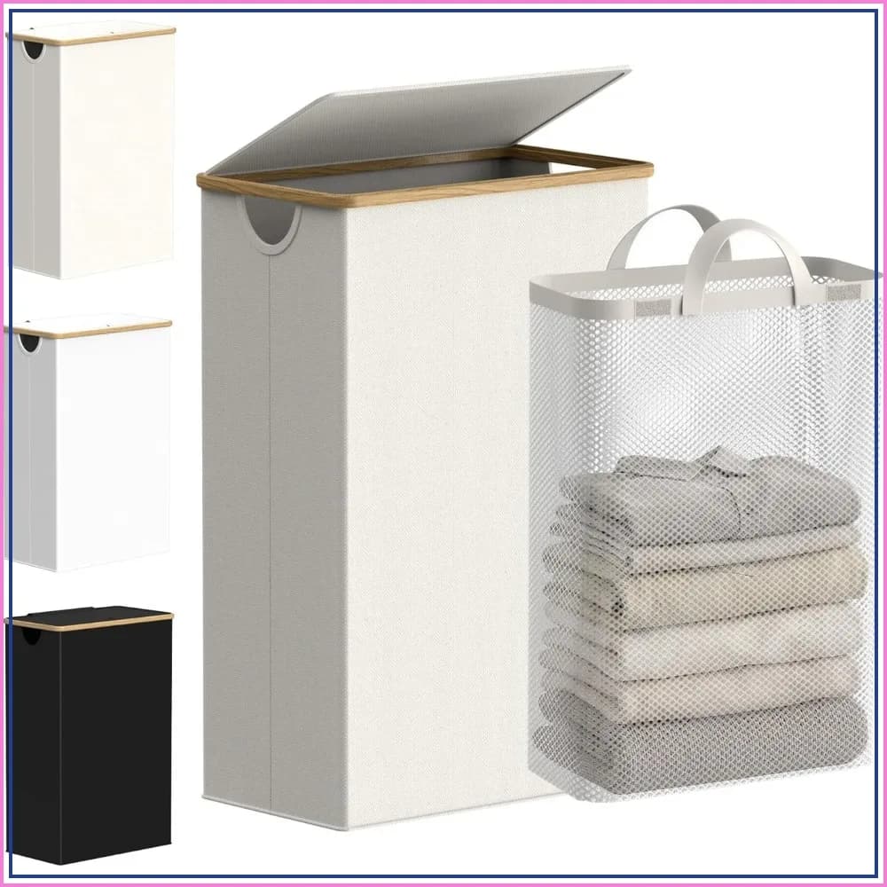 Slim Laundry Basket with Lid, Narrow Hamper with Removable Bag, 75L Beige