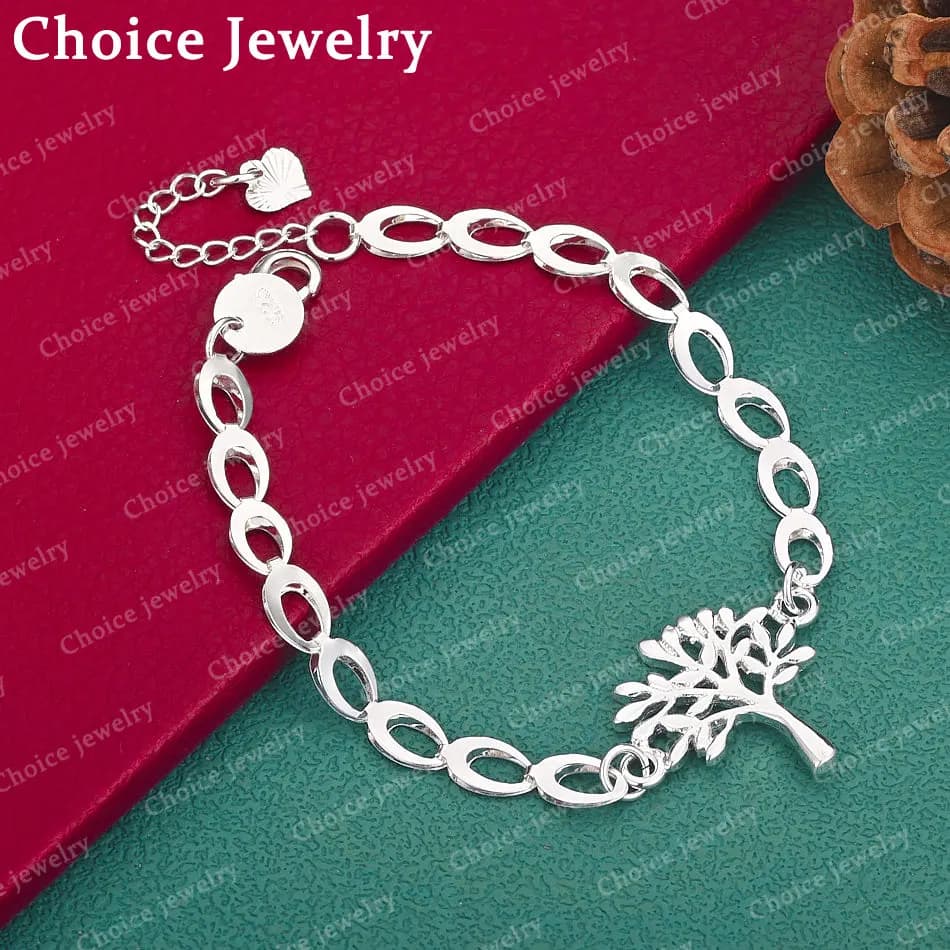 925 Sterling Silver Tree Shaped Chain Bracelet for Women, Fashionable Jewelry, Party Accessories, Engagement, Wedding, Gifts