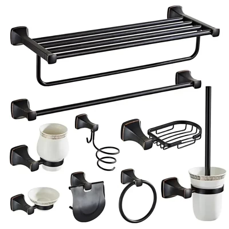 9-Piece Modern Black Stainless Steel Bathroom Hardware Set with Prevention Wall-Mounted Towel Bar & Holder