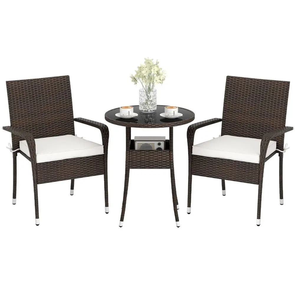 Set di mobili da giardino in 3 pezzi, sedie in vimini di rattan PE con tavolo con piano in vetro temperato e morbidi cuscini, set da conversazione per esterni.