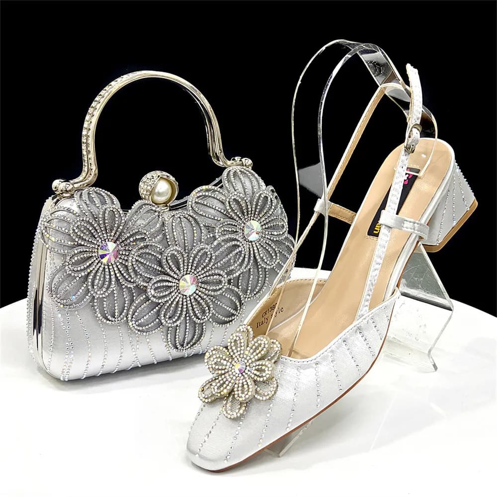 Set di scarpe e borse da donna per matrimoni con tacco alto e design classico maturo di vendita caldo in colore argento