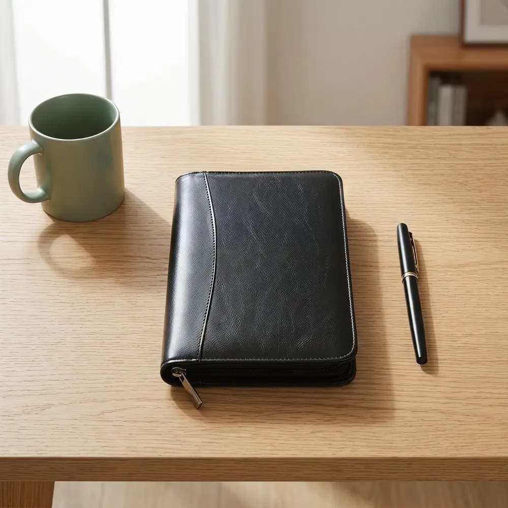 6-Ring File Folder PU Leather A6 Work Record Book with Calculator Zippered Closure Portfolio Binder Cover Document Storage