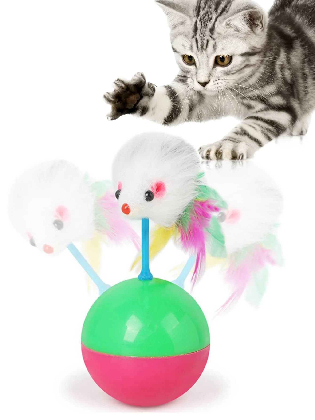 Interactive Cat Toy With Plush Mouse And Feather Tumbler Ball
