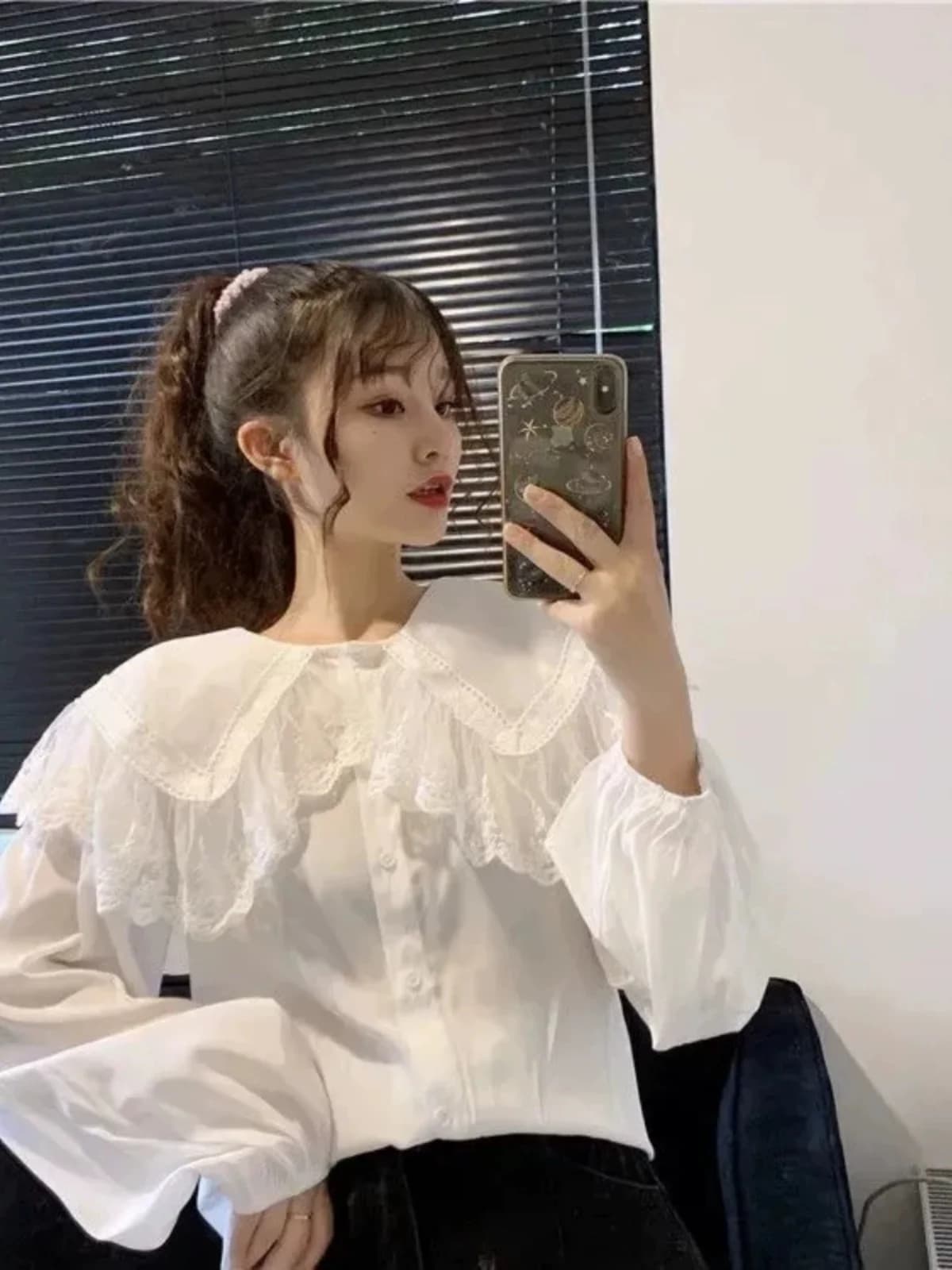 Camicia Lunga con Colletto a Bambola e Bordo in Pizzo, Stile Coreano, per Primavera e Autunno, Top alla Moda per Donne, Trendy per Studentesse, in Poliestere