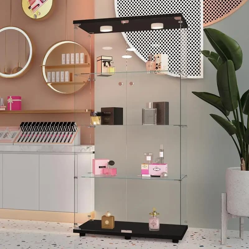 Vetrina in vetro temperato, vetrina versatile per vino e contenitori con piedini da pavimento regolabili, luci a LED colorate, serrature per porte,