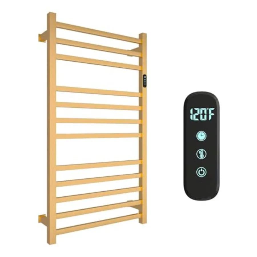 Scaldasalviette di Lusso per Bagno, in Acciaio Inox Spazzolato Oro, Scaldasalviette a Parete a 12 Barre con Timer e Controllo Multi-Livello della Temperatura