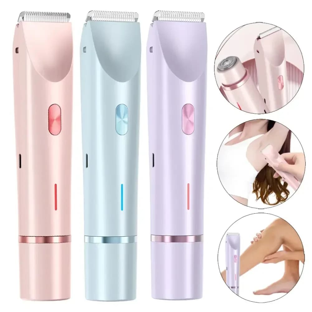 Rasoio Elettrico Femminile 2 in 1 con Doppia Testina, Trimmer Indolore per Zona Bikini, Uso Bagnato e Asciutto, per Peli Pubici, Testina Staccabile