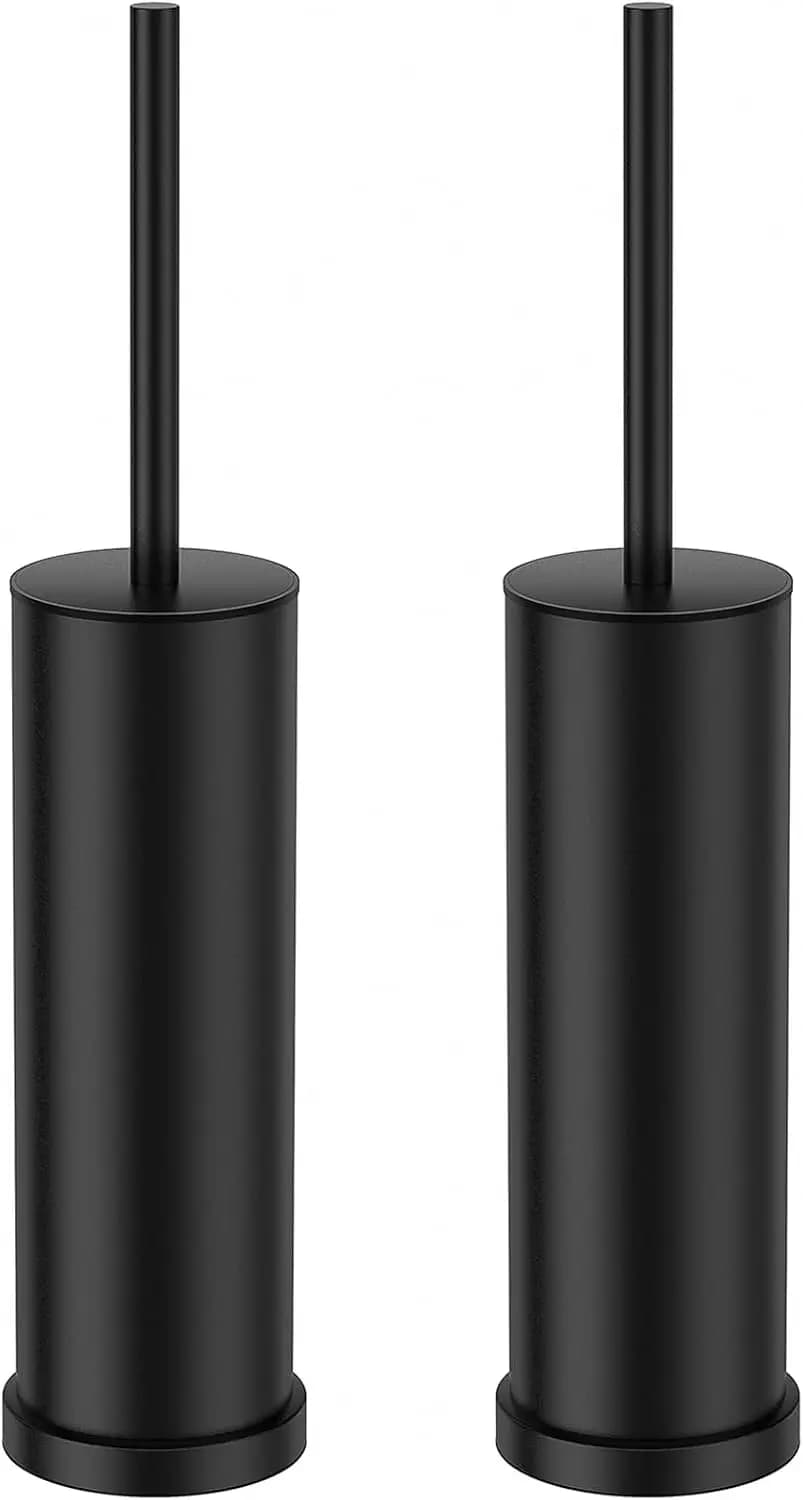 Black Toilet Brush and Holder Set，2 Pack Stainless Steel Heavy Duty Toilet Bowl Brush，Extra Long Handled Modern Toilet Cleaner Brush with Replaceable Head, Removable Inner Bowl, and Splash Protection