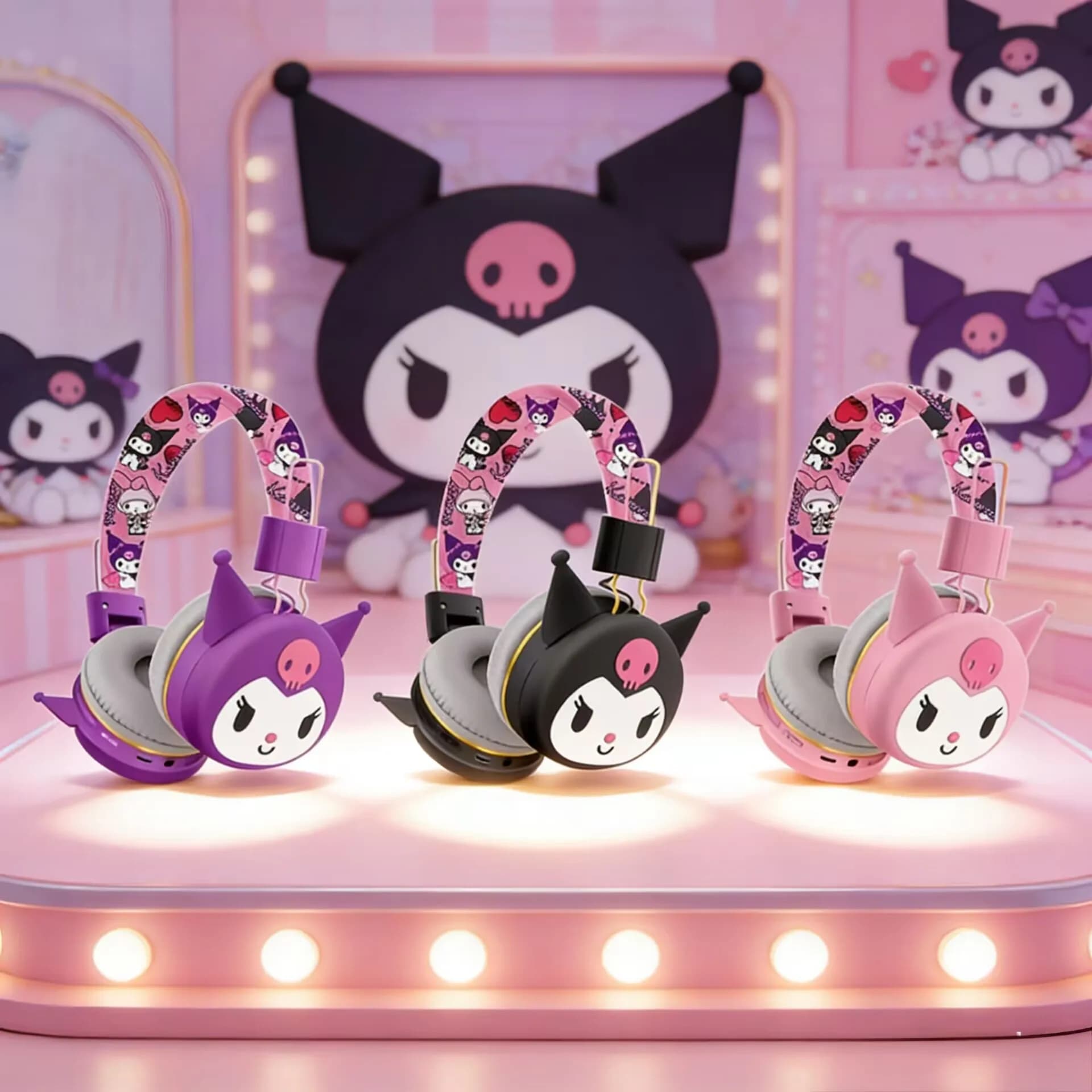 Cuffie Bluetooth Sanrio Kuromi, auricolari wireless con microfono, pieghevoli e leggeri, per telefoni e laptop.