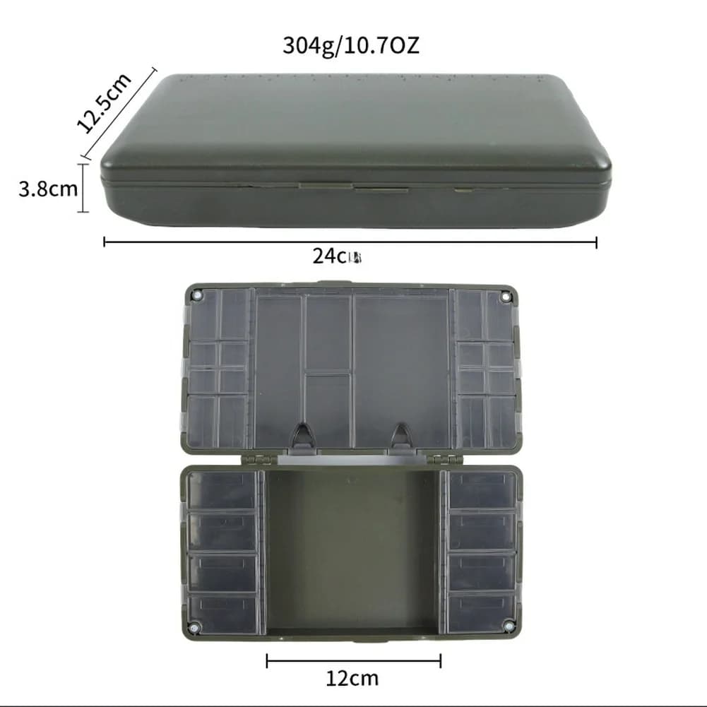 Organizer for fishing hook with magnetic closure and box for multiple compartment plastic equipment with built-in measurement scale