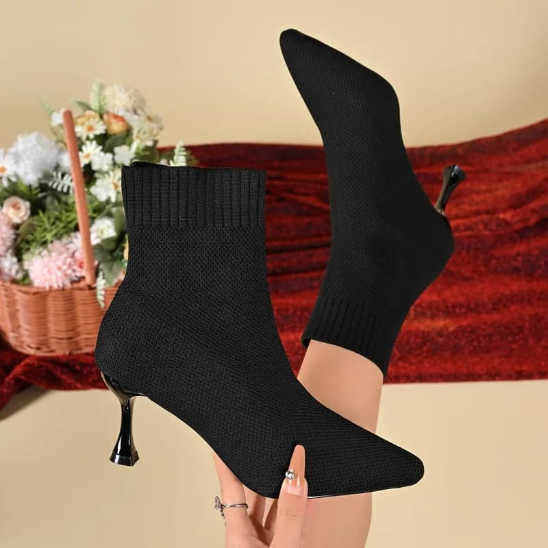 2026 New Fashion Elastic Sock Boots Women Knitted High Heels Ankle Boots Woman Spring Autumn Pointed Toe Thin Heel Short Boots