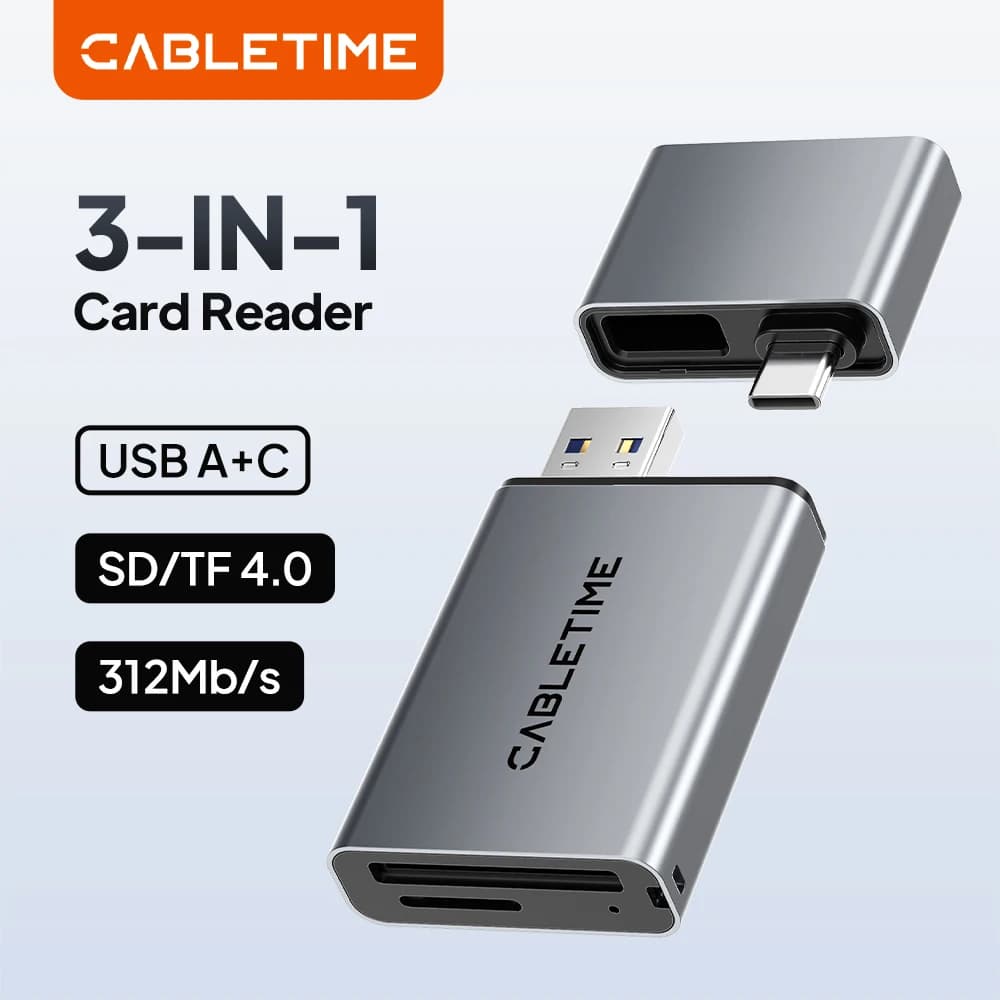 CABLETIME Lettore di Schede 3 IN 1 312MB/s SD4.0 5Gbps USB A e USB C per Schede di Memoria SD/TF per Laptop iPhone 17 Macbook