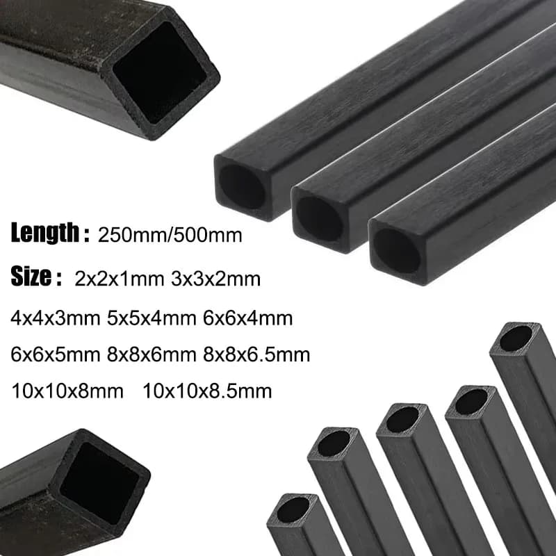 Tubo Quadrato in Fibra di Carbonio 250/500mm, Diametro Esterno 2/3/4/5/6/8/10mm, Interno Rotondo e Quadrato, per Modellismo di Droni