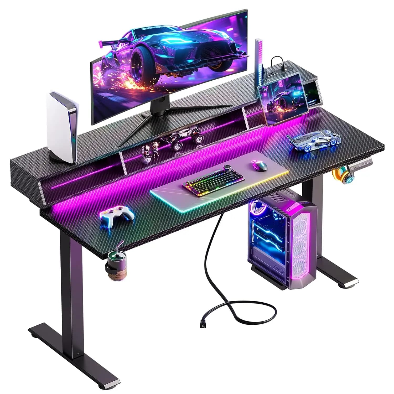 Scrivania da Gaming con Luce LED, Tavolo Regolabile Elettricamente in Altezza da 55 Pollici con Presa di Corrente e Supporto per Monitor, Personalizzabile