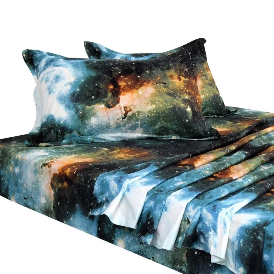 Galaxy Print Bed Sheets Pillow Cases Bedding Set Green Queen