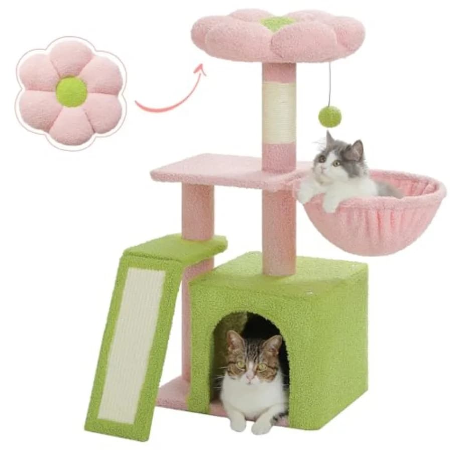 Albero per Gatti a Forma di Fiore per Gatti da Interno, 32'' Piccolo Tiragraffi per Gatti con Rampa in Sisal, Amaca Accogliente e Cuccia a Fiore Rimovibile