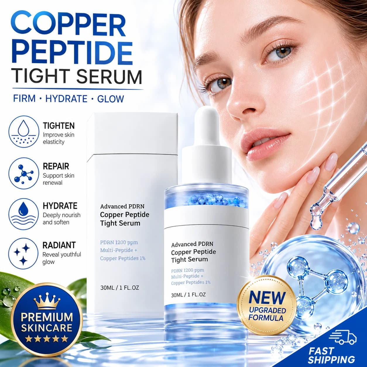 Advanced Copper Peptide Facial Serum Firming Lifting Skin Elasticity Hyaluronic Acid Hydrolyzed Collagen Peptide Serum