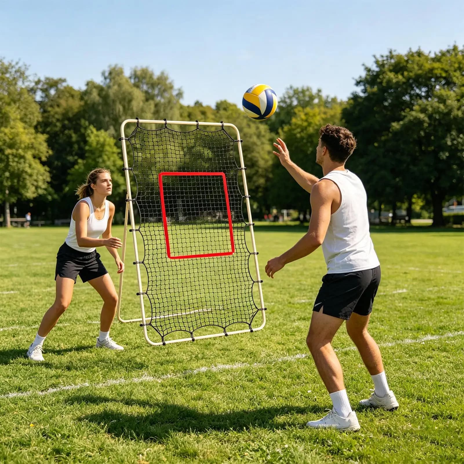 Rete da allenamento per pallavolo con rete a maglia da 1,5 pollici, adatta a telaio da 74 piedi, con 28 corde elastiche per baseball