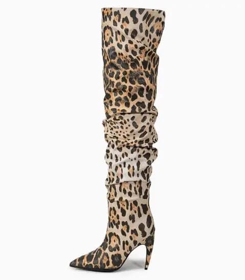 Stivali Lunghi Sopra il Ginocchio da Donna con Stampa Leopardata Sexy, Tacco Strano, Punta Affusolata, Senza Chiusura, Tacco Sottile, Misura 45