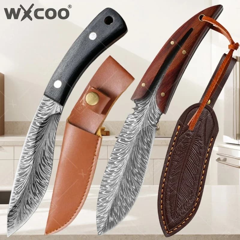 WXCOO Coltello da Cucina in Acciaio Inossidabile Forgiato con Motivo a Piuma, Multiuso per Carne, Disosso, Sbucciatore di Frutta, Utensili da Cucina e BBQ