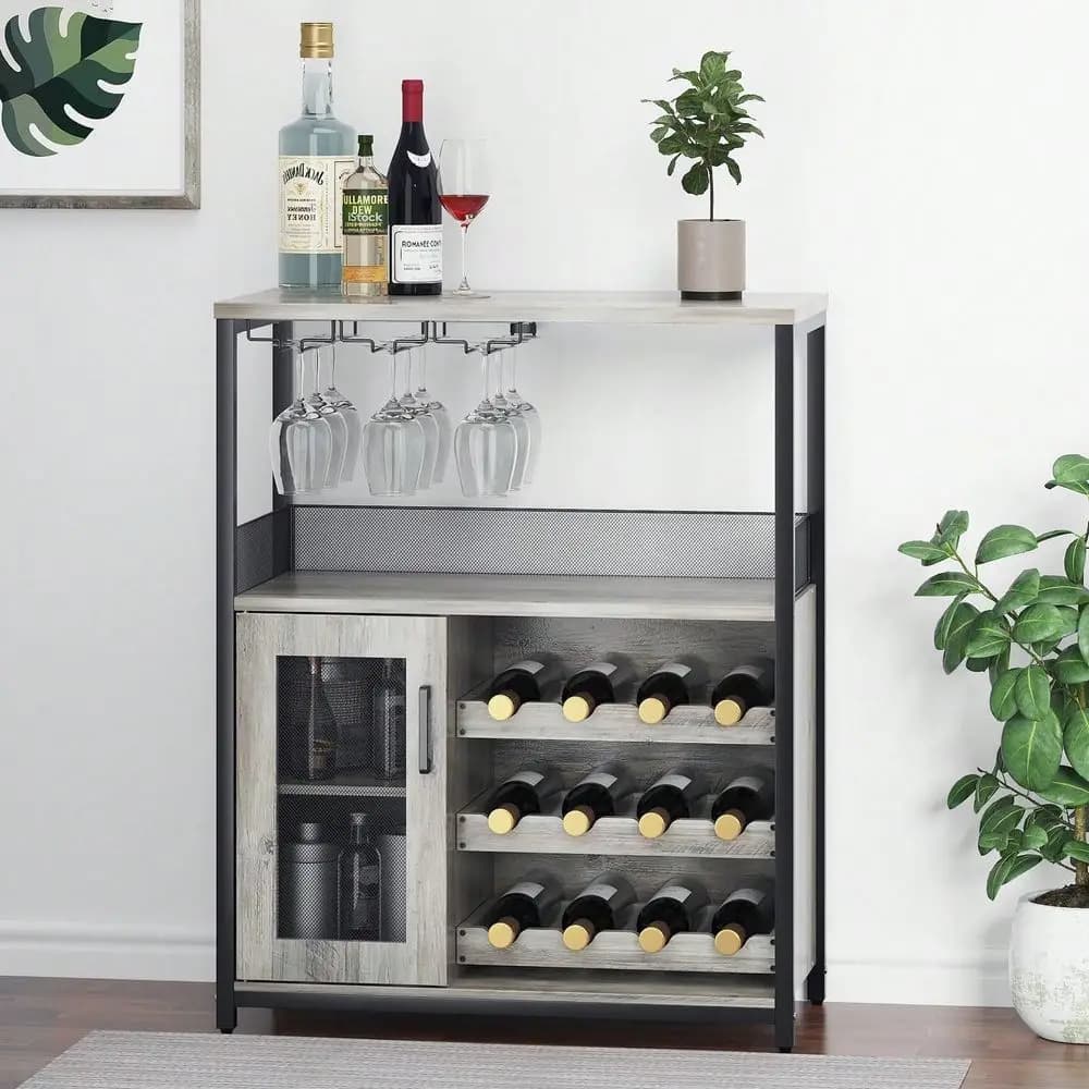 Mobile Bar Industriale per Conservazione Vini, Credenza con Vassoio in Vetro Rimovibile e Porte a Rete per Bar Domestico