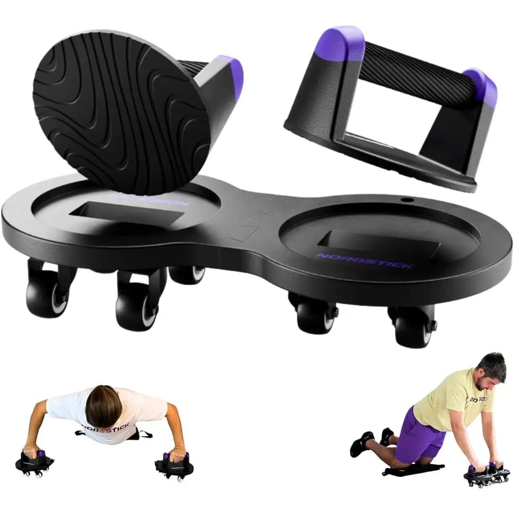 Full core training system: push bars, abs wheel and sliding discs for total body workouts