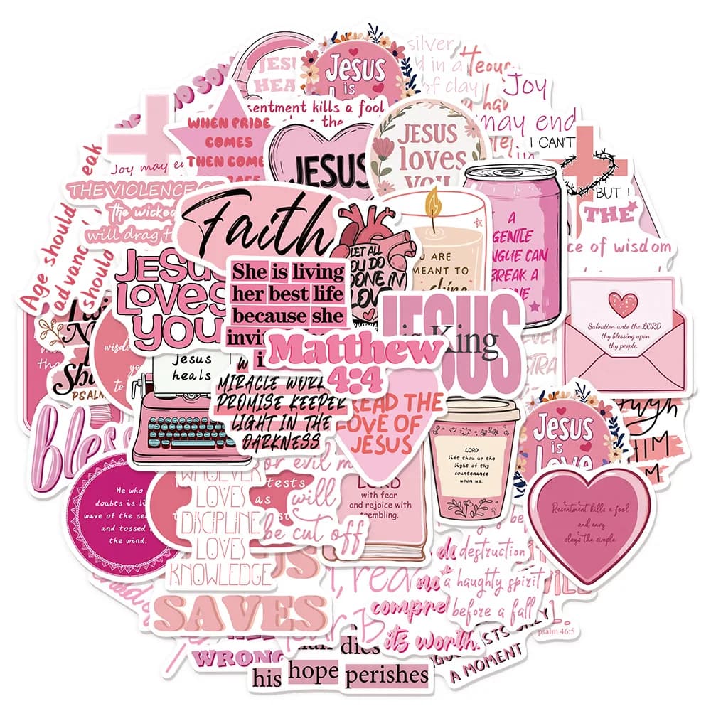 50 pezzi rosa Bibbia Gesù carino creativo adesivi impermeabili adesivi per skateboard altoparlante per notebook bagagli fai da te