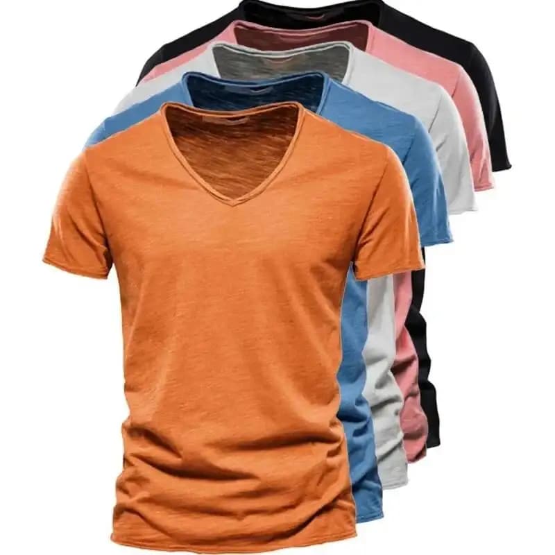 New 100% Cotton T Shirt Tops V Neck Thin Short Sleeve Tees High Quality Men's Fashion Fitness Hot T-Shirt For Men Size S-5XL