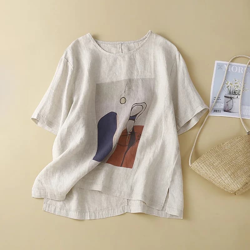 Loose Cotton Linen Short Sleeve T-Shirt Women's Vintage Printed Slimming Casual Summer Top round Neck Cartoon Anime Artwear