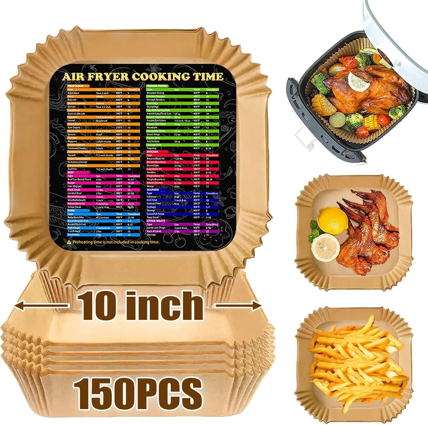 10 inch square baking paper sheets for air fryer, non-stick, disposable, for cooking and roasting, oil-resistant and waterproof, 150 pieces