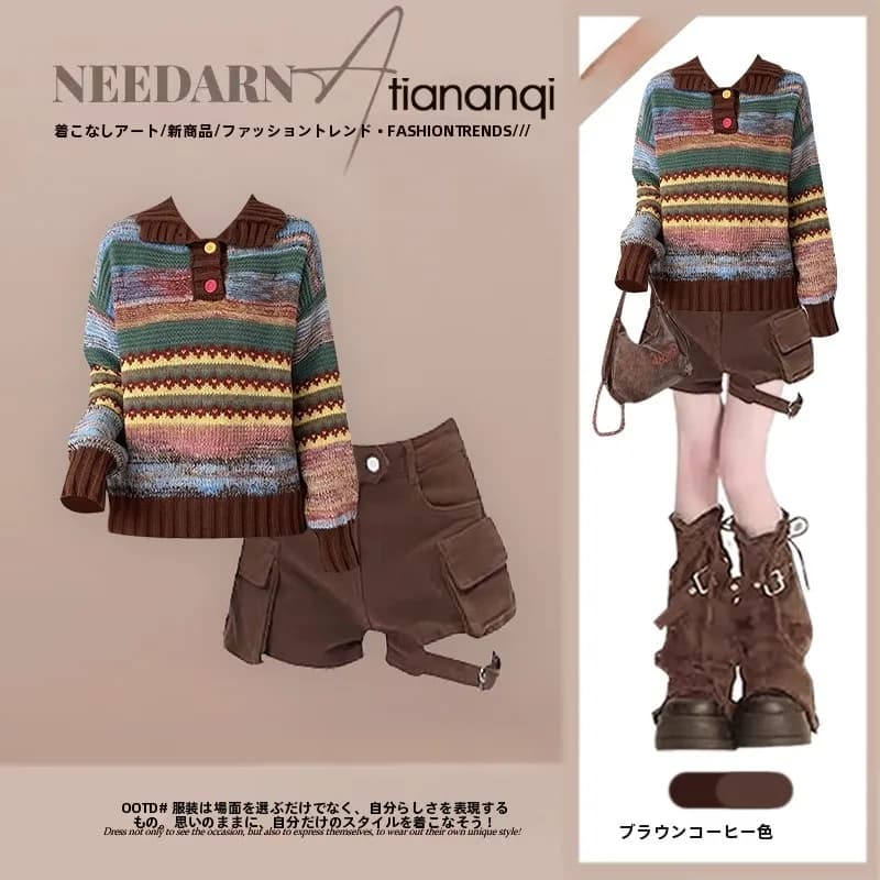 Autumn New Design High Neck Stripes Retro Sweater And Casual High Waist Slimming Shorts Two Piece Set Women's Fashion