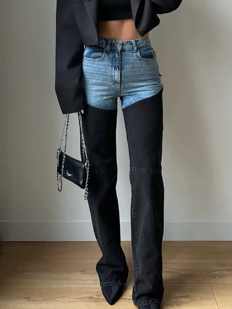 Women's Patchwork High Waisted Zipper Button Pocket Straight Leg Jeans for Spring Summer New in Fashion Casual Pants