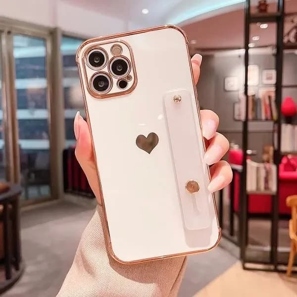 Supporto per cinturino da polso Placcatura laterale Love Heart Custodia per telefono per iPhone 16 Pro Max 15 14 13 12 11 Xs XR SE3 Supporto antiurto Cover posteriore