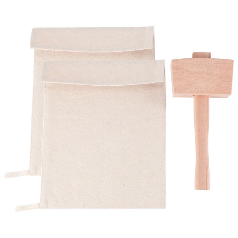 A33R-Pack da 2 borse Lewis e set di mazze da ghiaccio da 1 pezzo: sacchetti di ghiaccio tritato in tela riutilizzabili con mazze di legno per bar per feste in casa