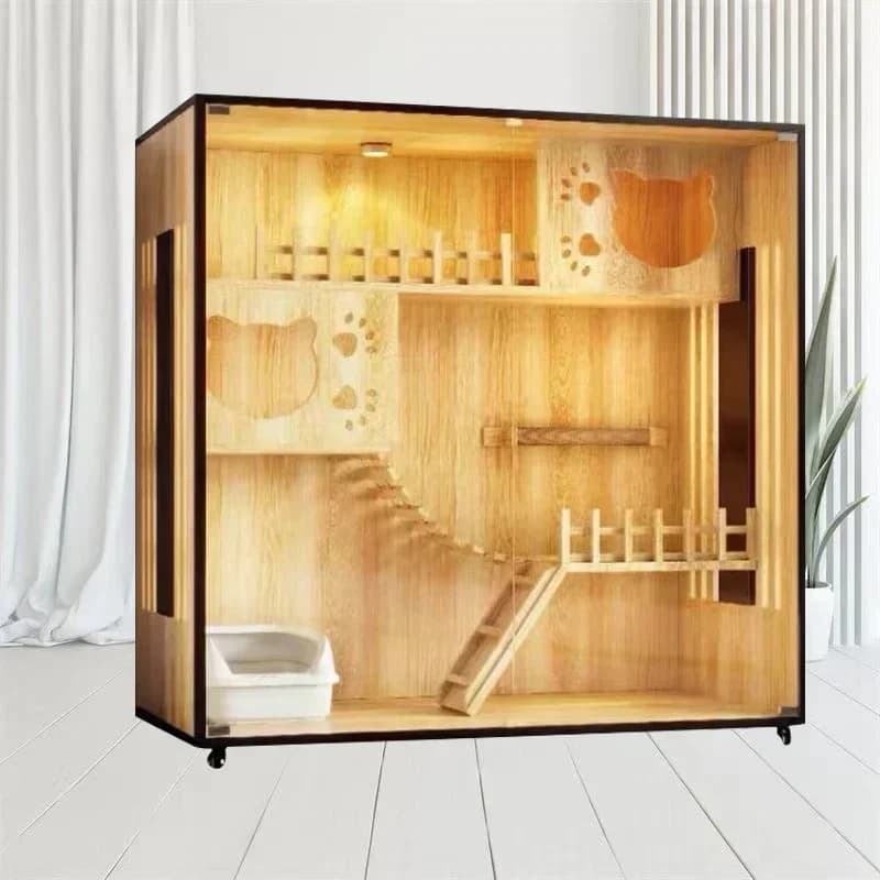 Premium Cat villa solid wood household cat cabinet cage waterproof litter indoor cage big house
