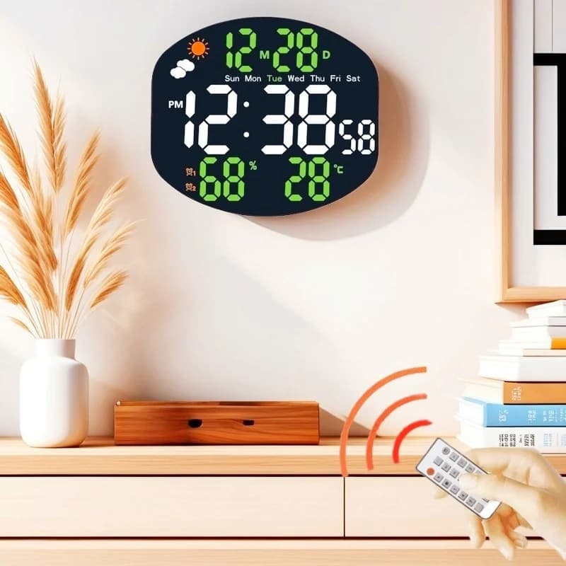 Large Digital Weather Station Wall Clock, TEMP & Humidity, Date & Week, 2 Alarms, Night Mode, 12/24H USB LED Table Clock