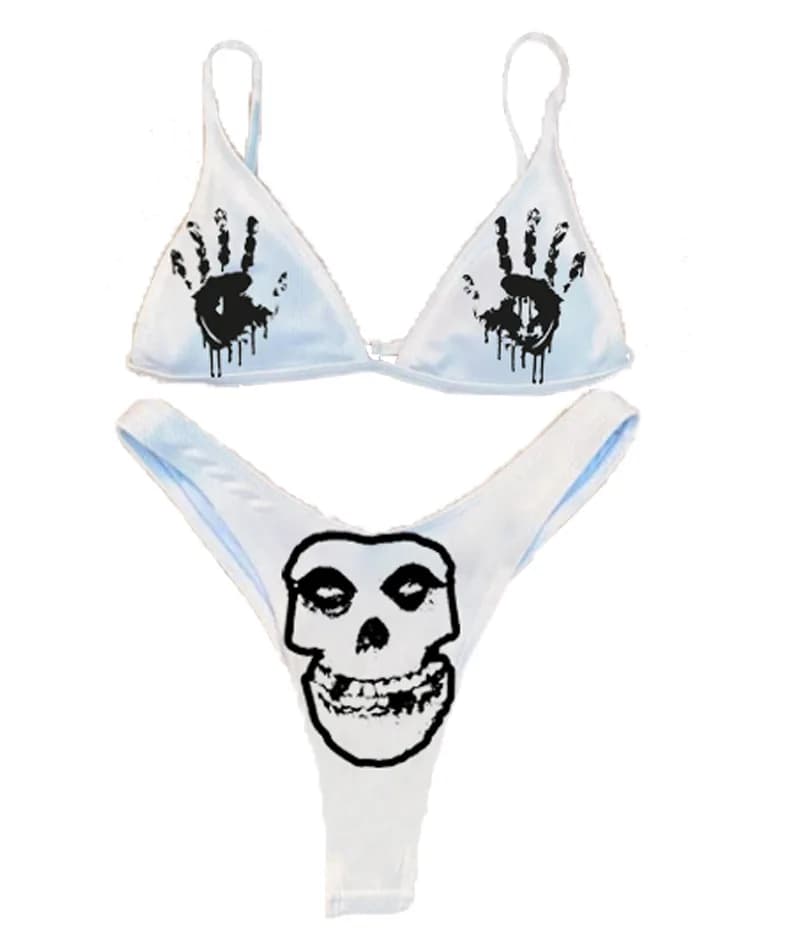 Set Bikini Gotico con Stampa Teschio, Costume da Bagno Punk Scuro a 2 Pezzi per Donne, Sexy Costume a Vita Bassa, Abbigliamento da Spiaggia Estivo