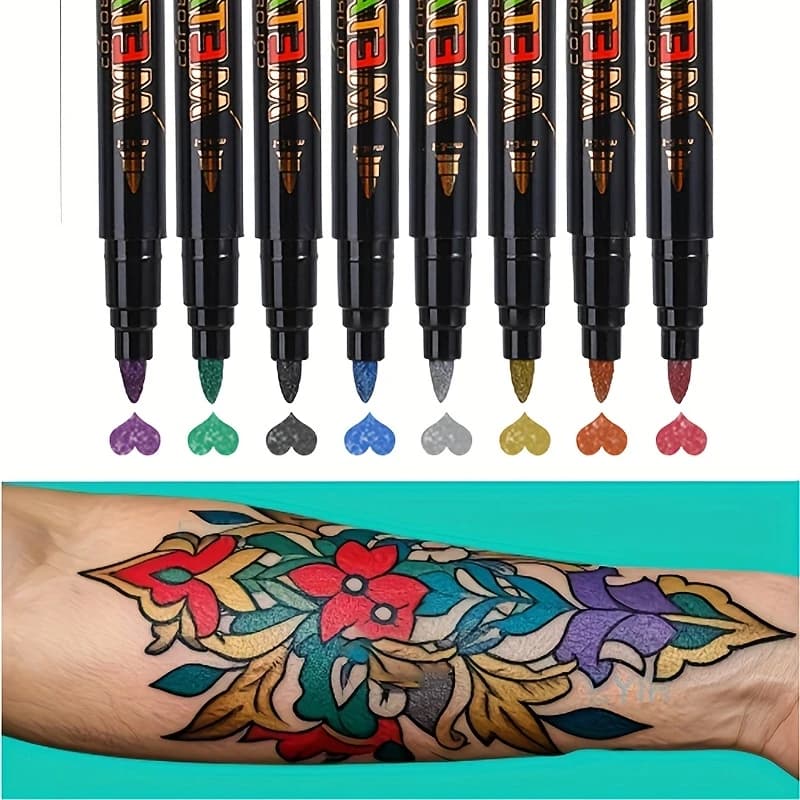 Set di 8 penne per tatuaggi temporanei per body painting, tatuaggi semipermanenti, inchiostro liquido per feste di body art e celebrazioni natalizie