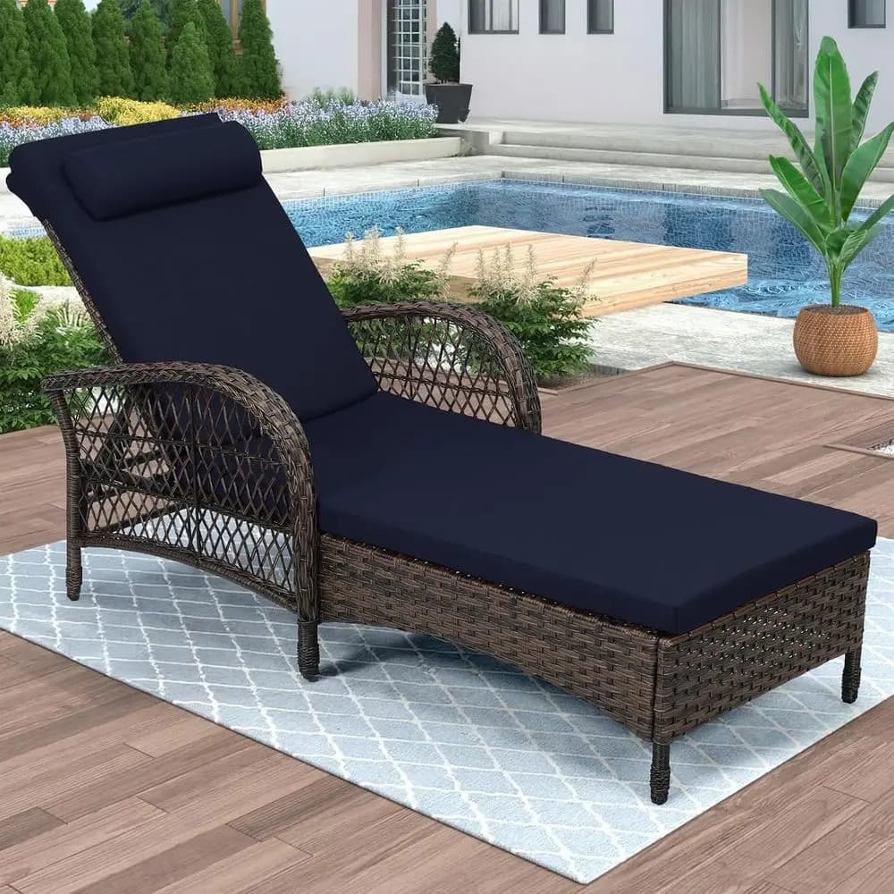 Reclining chair in wicker for all seasons with pillow, lounge chair with high backrest adjustable in 6 positions for patio or poolside, navy blue